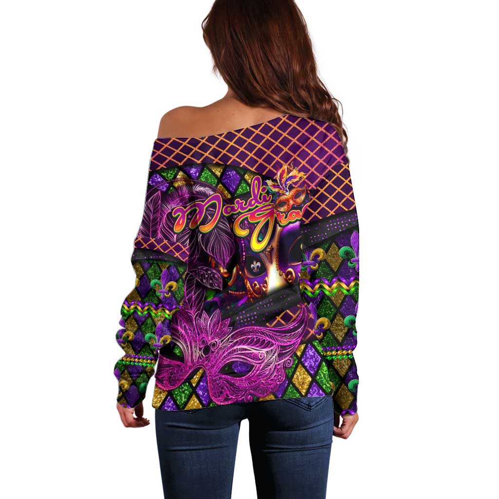 Happy Mardi Gras Off Shoulder Sweater Mask Feather Colorfull - Wonder Print Shop