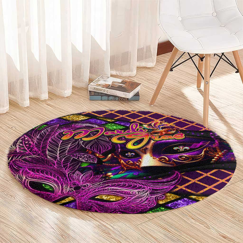 Happy Mardi Gras Round Carpet Mask Feather Colorfull - Wonder Print Shop