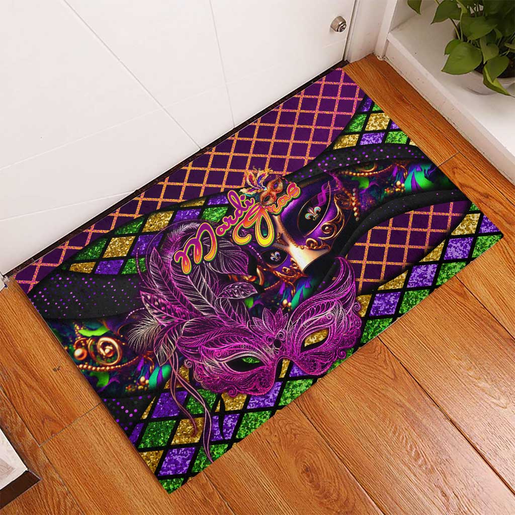 Happy Mardi Gras Rubber Doormat Mask Feather Colorfull - Wonder Print Shop
