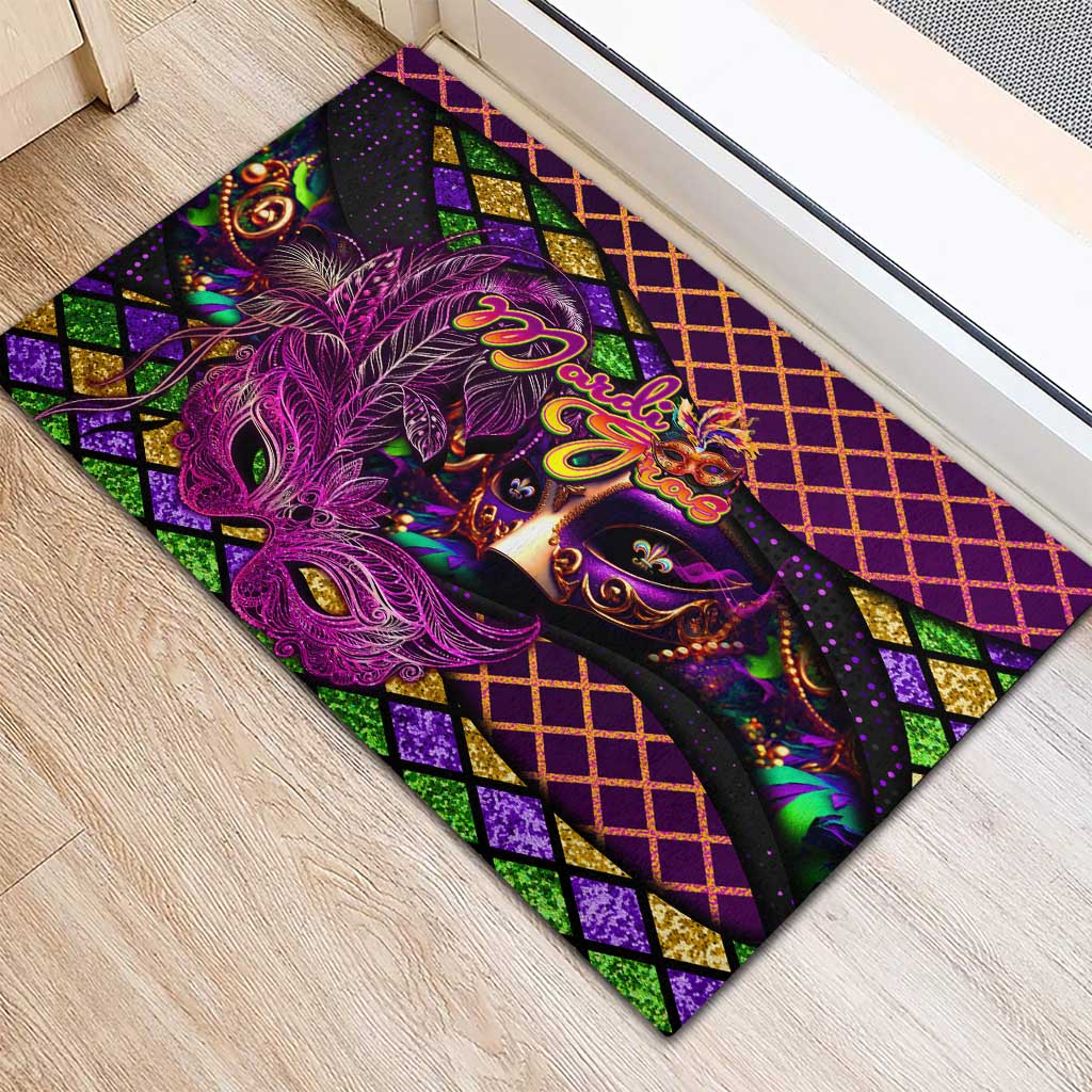 Happy Mardi Gras Rubber Doormat Mask Feather Colorfull - Wonder Print Shop