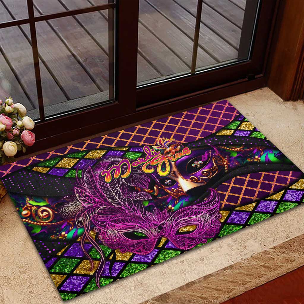 Happy Mardi Gras Rubber Doormat Mask Feather Colorfull - Wonder Print Shop