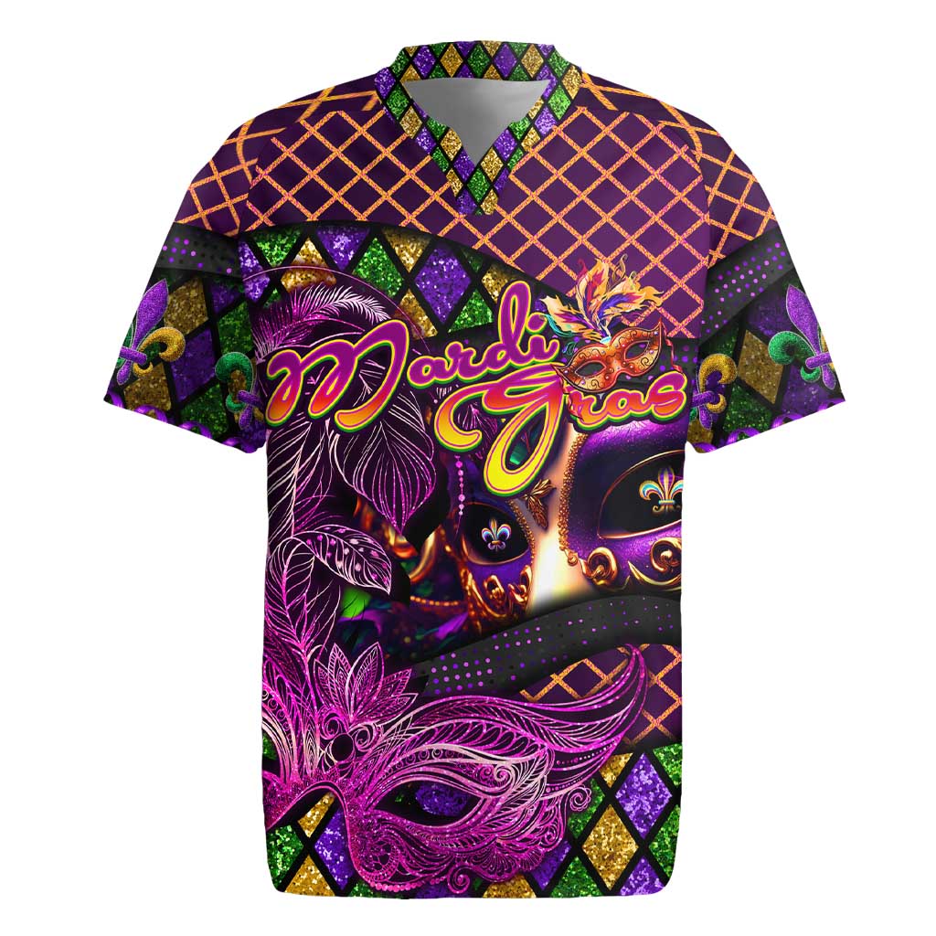 Happy Mardi Gras Rugby Jersey Mask Feather Colorfull - Wonder Print Shop