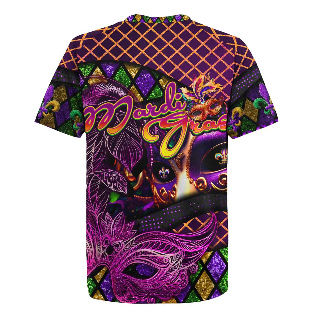 Happy Mardi Gras Rugby Jersey Mask Feather Colorfull - Wonder Print Shop