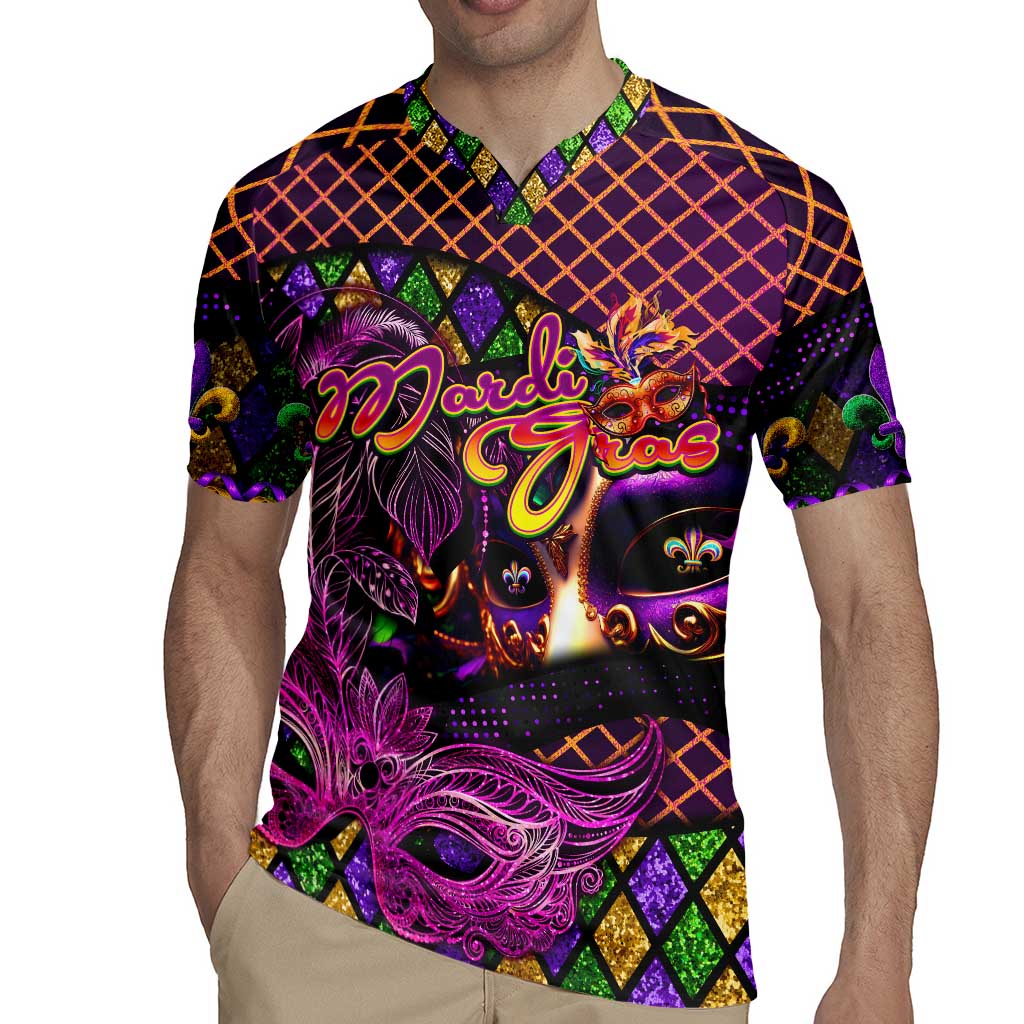 Happy Mardi Gras Rugby Jersey Mask Feather Colorfull - Wonder Print Shop