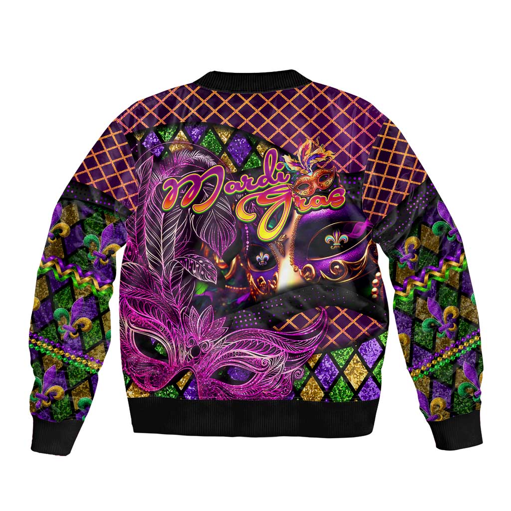 Happy Mardi Gras Sleeve Zip Bomber Jacket Mask Feather Colorfull - Wonder Print Shop