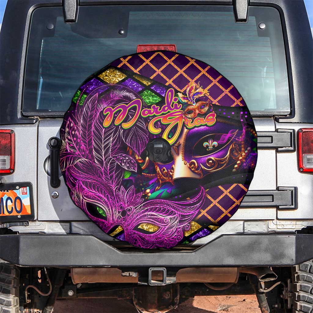 Happy Mardi Gras Spare Tire Cover Mask Feather Colorfull - Wonder Print Shop