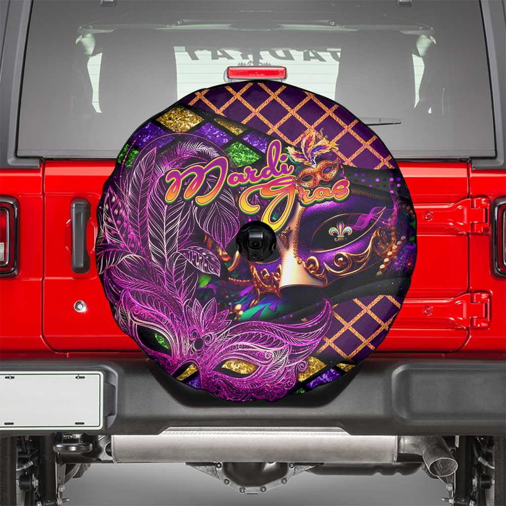 Happy Mardi Gras Spare Tire Cover Mask Feather Colorfull - Wonder Print Shop