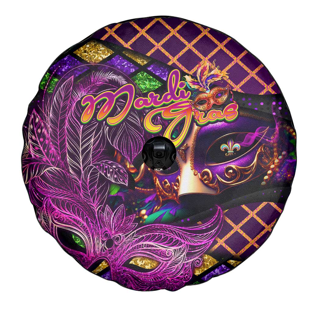 Happy Mardi Gras Spare Tire Cover Mask Feather Colorfull - Wonder Print Shop