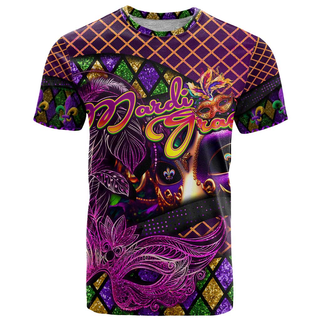 Happy Mardi Gras T Shirt Mask Feather Colorfull - Wonder Print Shop