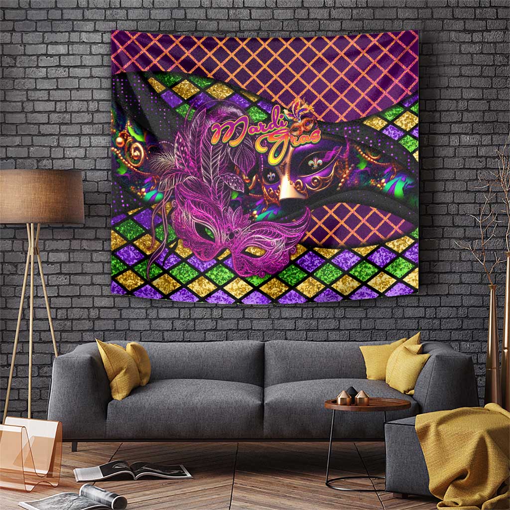 Happy Mardi Gras Tapestry Mask Feather Colorfull - Wonder Print Shop