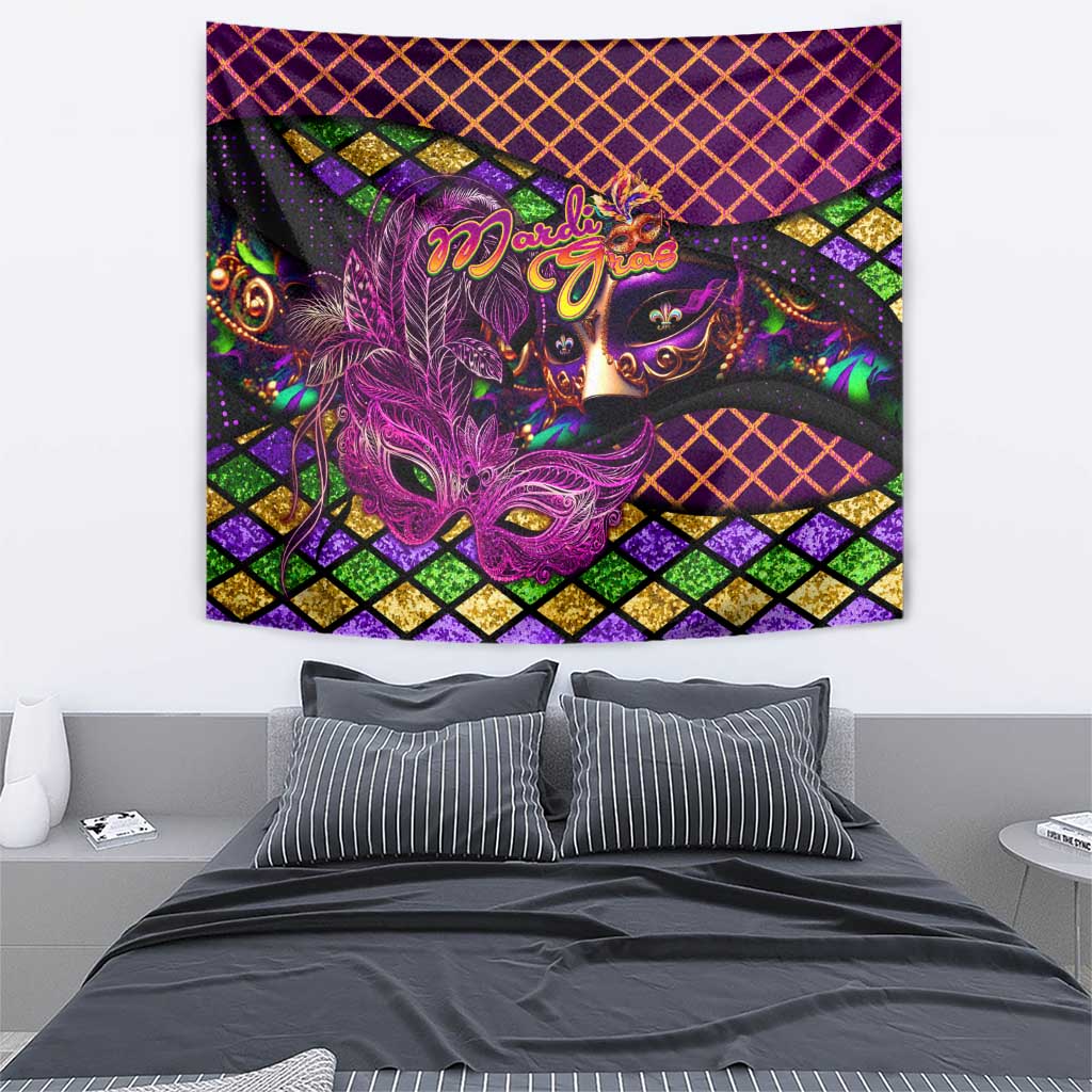 Happy Mardi Gras Tapestry Mask Feather Colorfull - Wonder Print Shop