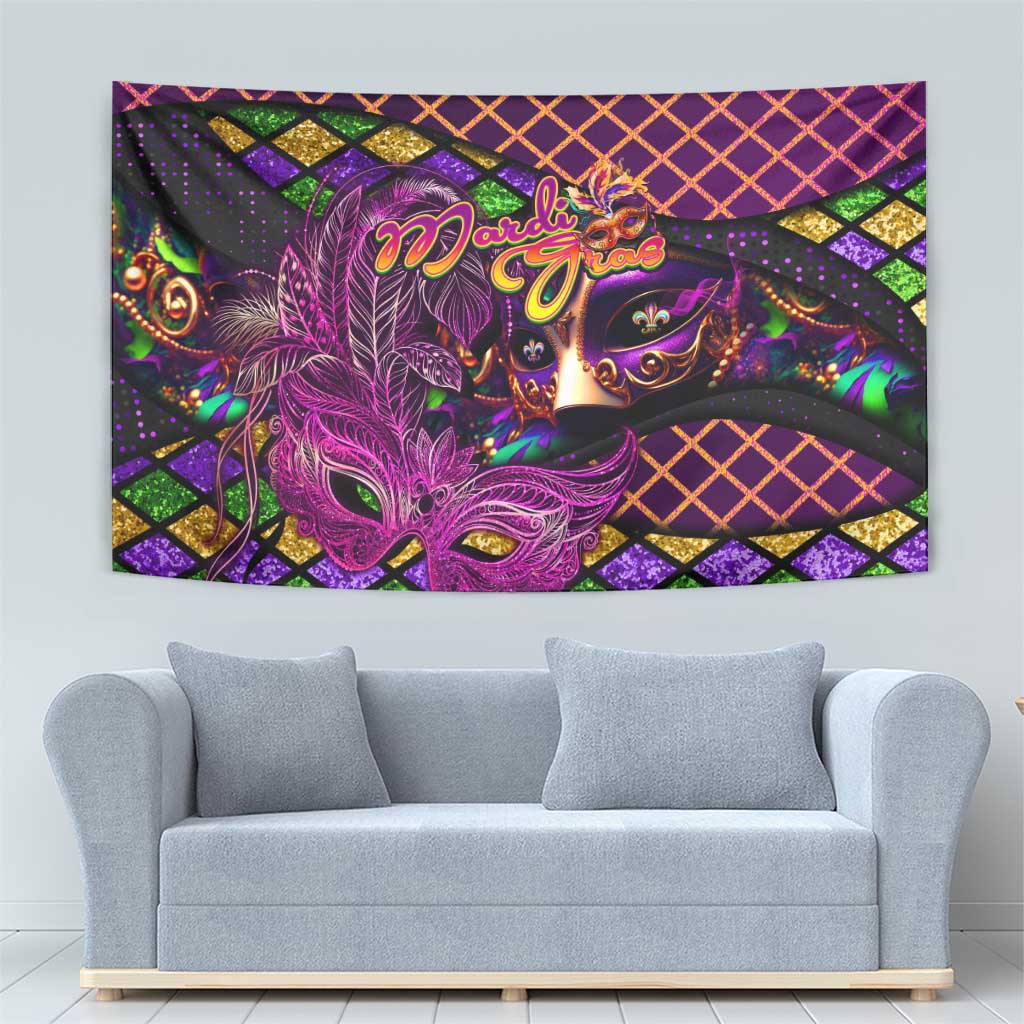 Happy Mardi Gras Tapestry Mask Feather Colorfull - Wonder Print Shop