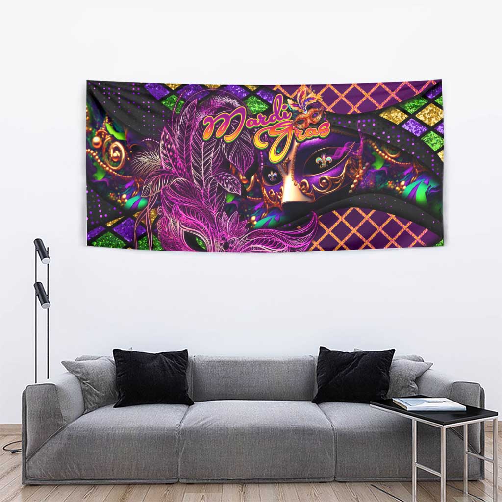 Happy Mardi Gras Tapestry Mask Feather Colorfull - Wonder Print Shop