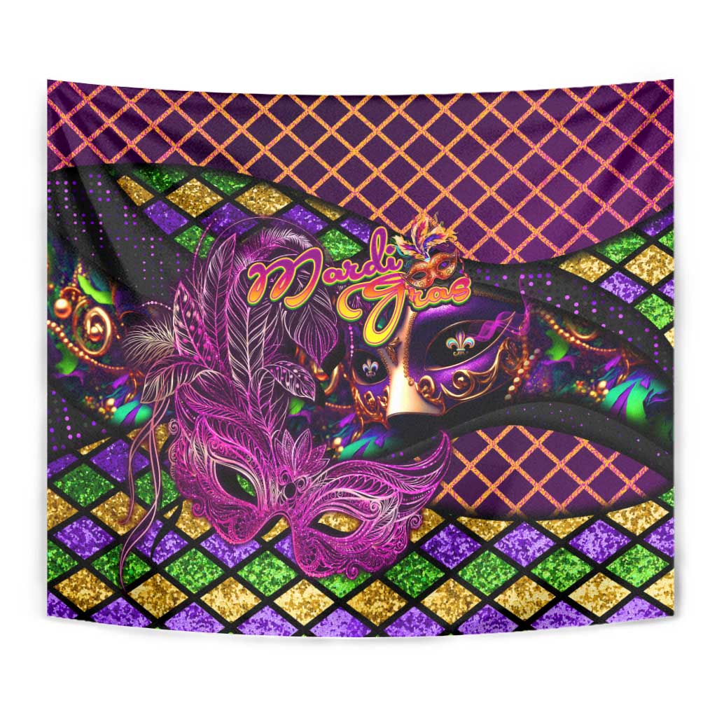 Happy Mardi Gras Tapestry Mask Feather Colorfull - Wonder Print Shop