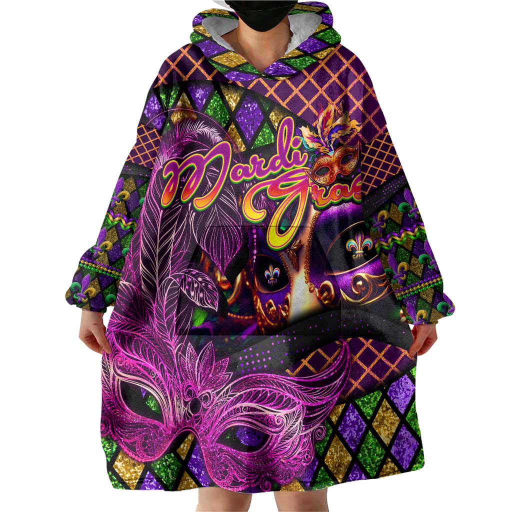 Happy Mardi Gras Wearable Blanket Hoodie Mask Feather Colorfull - Wonder Print Shop