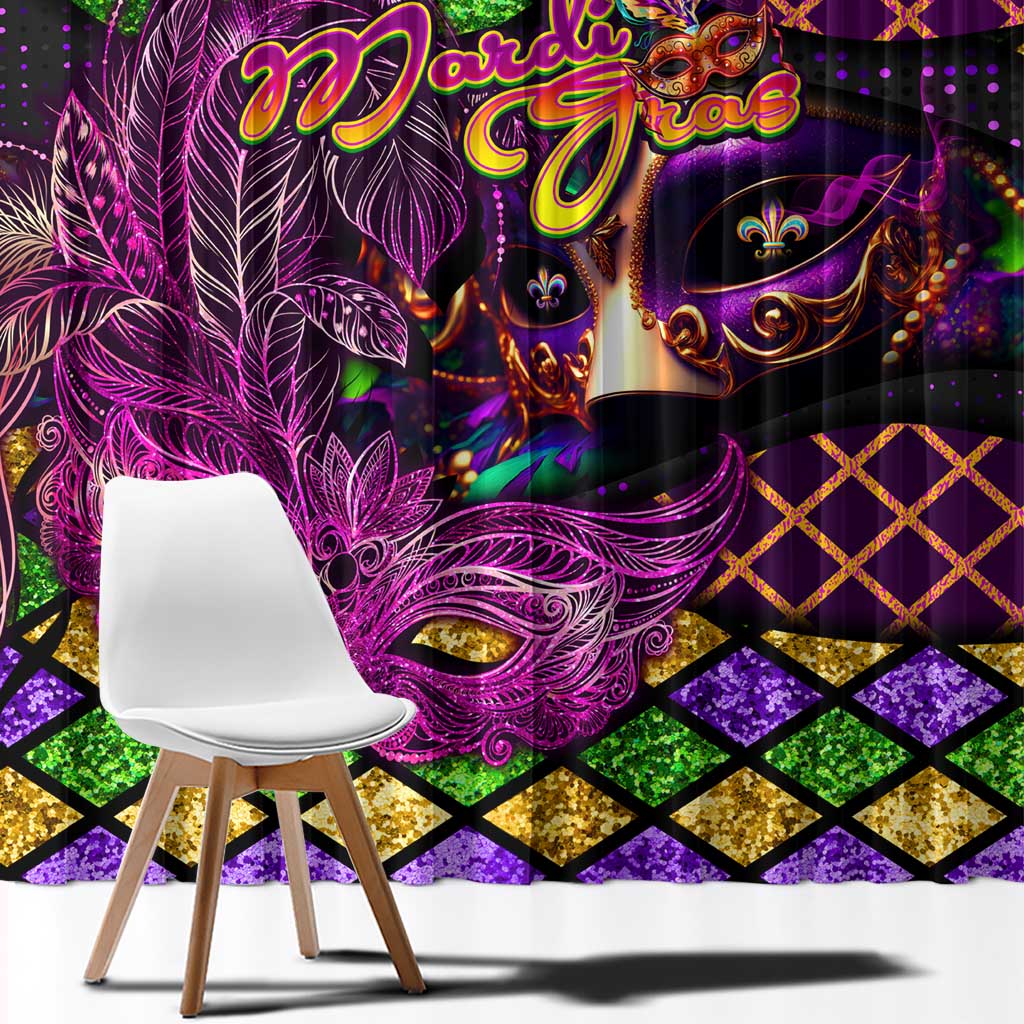 Happy Mardi Gras Window Curtain Mask Feather Colorfull - Wonder Print Shop