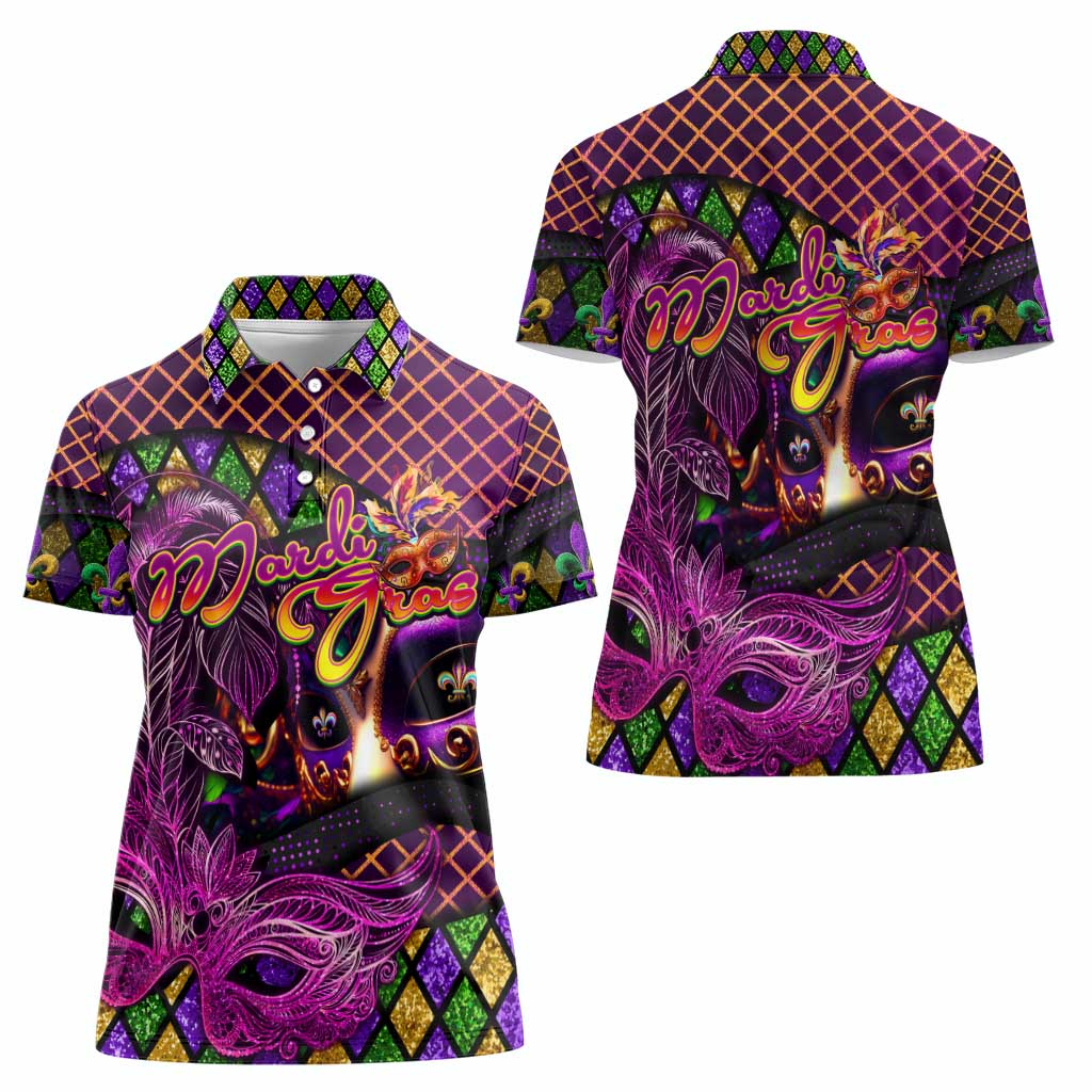 Happy Mardi Gras Women Polo Shirt Mask Feather Colorfull - Wonder Print Shop