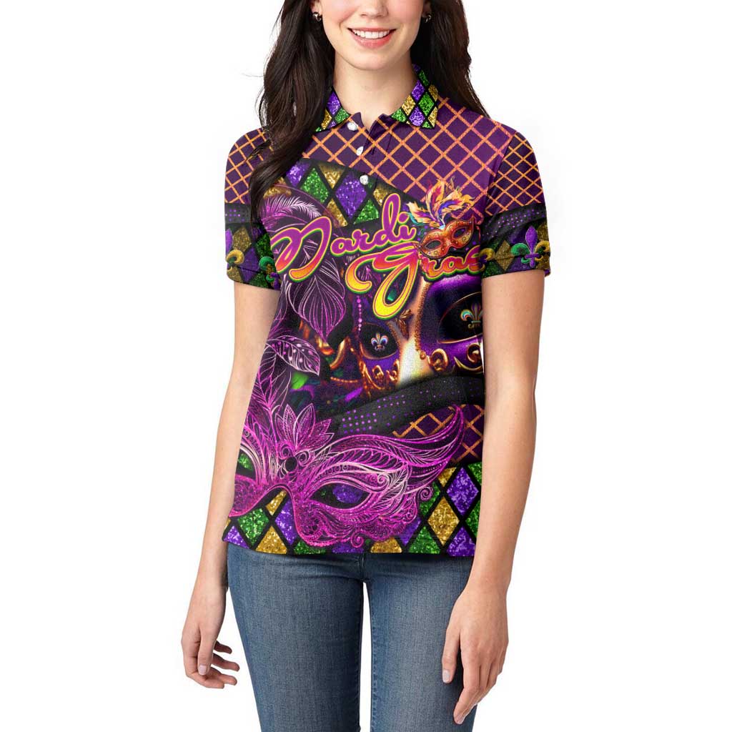 Happy Mardi Gras Women Polo Shirt Mask Feather Colorfull - Wonder Print Shop