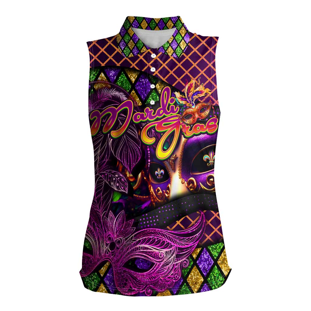Happy Mardi Gras Women Sleeveless Polo Shirt Mask Feather Colorfull - Wonder Print Shop