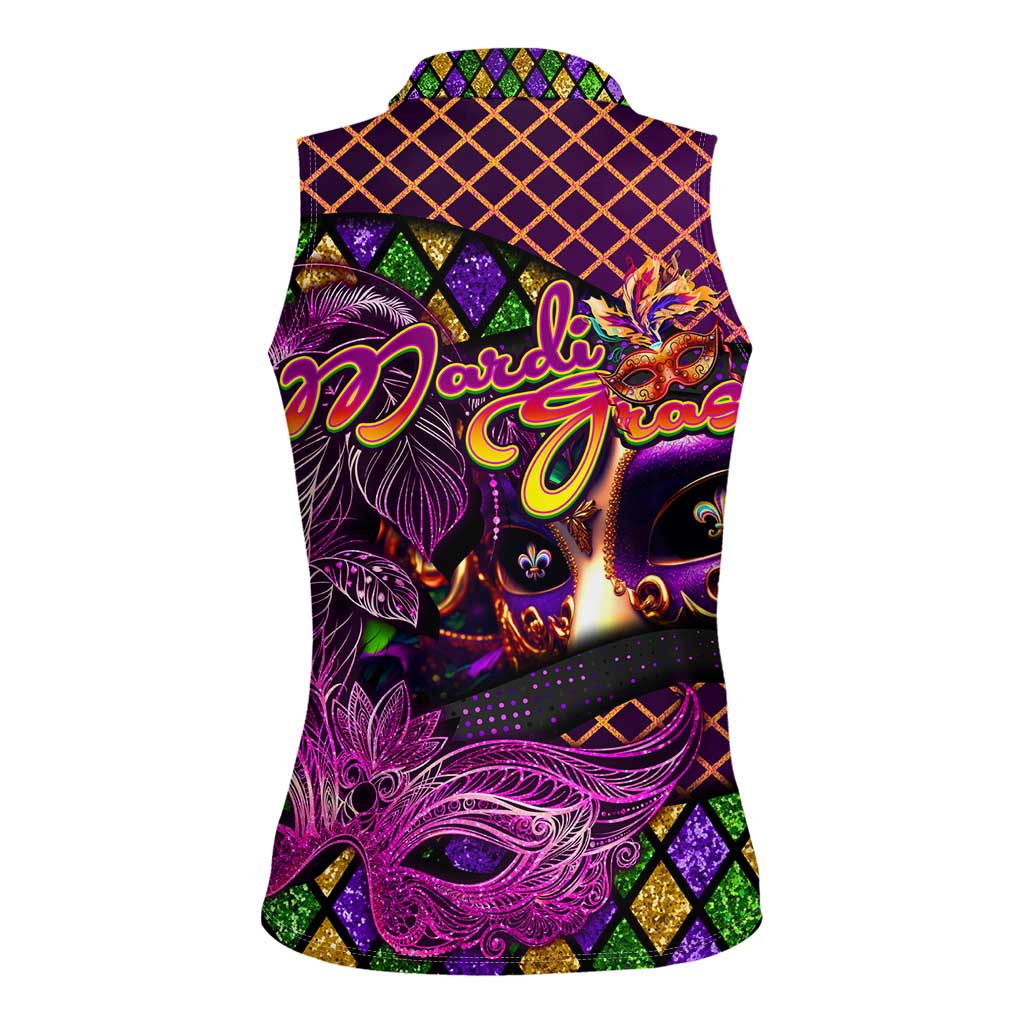 Happy Mardi Gras Women Sleeveless Polo Shirt Mask Feather Colorfull - Wonder Print Shop