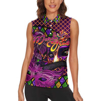 Happy Mardi Gras Women Sleeveless Polo Shirt Mask Feather Colorfull - Wonder Print Shop