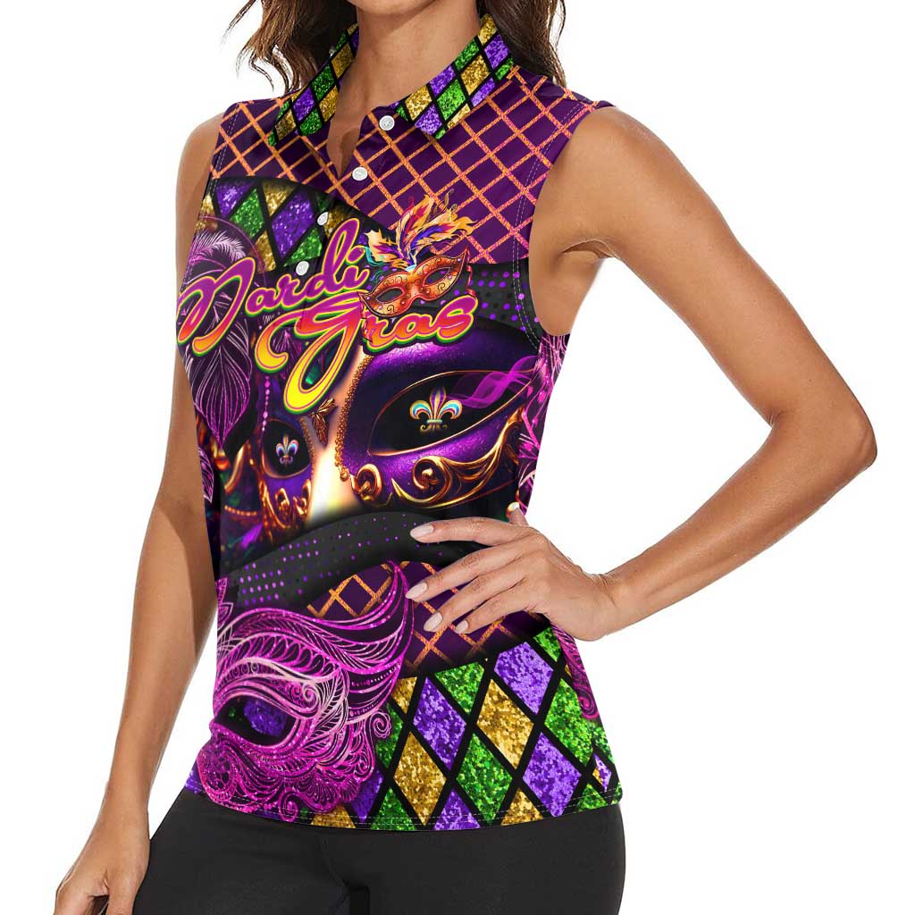 Happy Mardi Gras Women Sleeveless Polo Shirt Mask Feather Colorfull - Wonder Print Shop