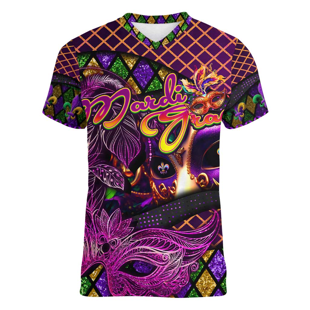 Happy Mardi Gras Women V-Neck T-Shirt Mask Feather Colorfull - Wonder Print Shop
