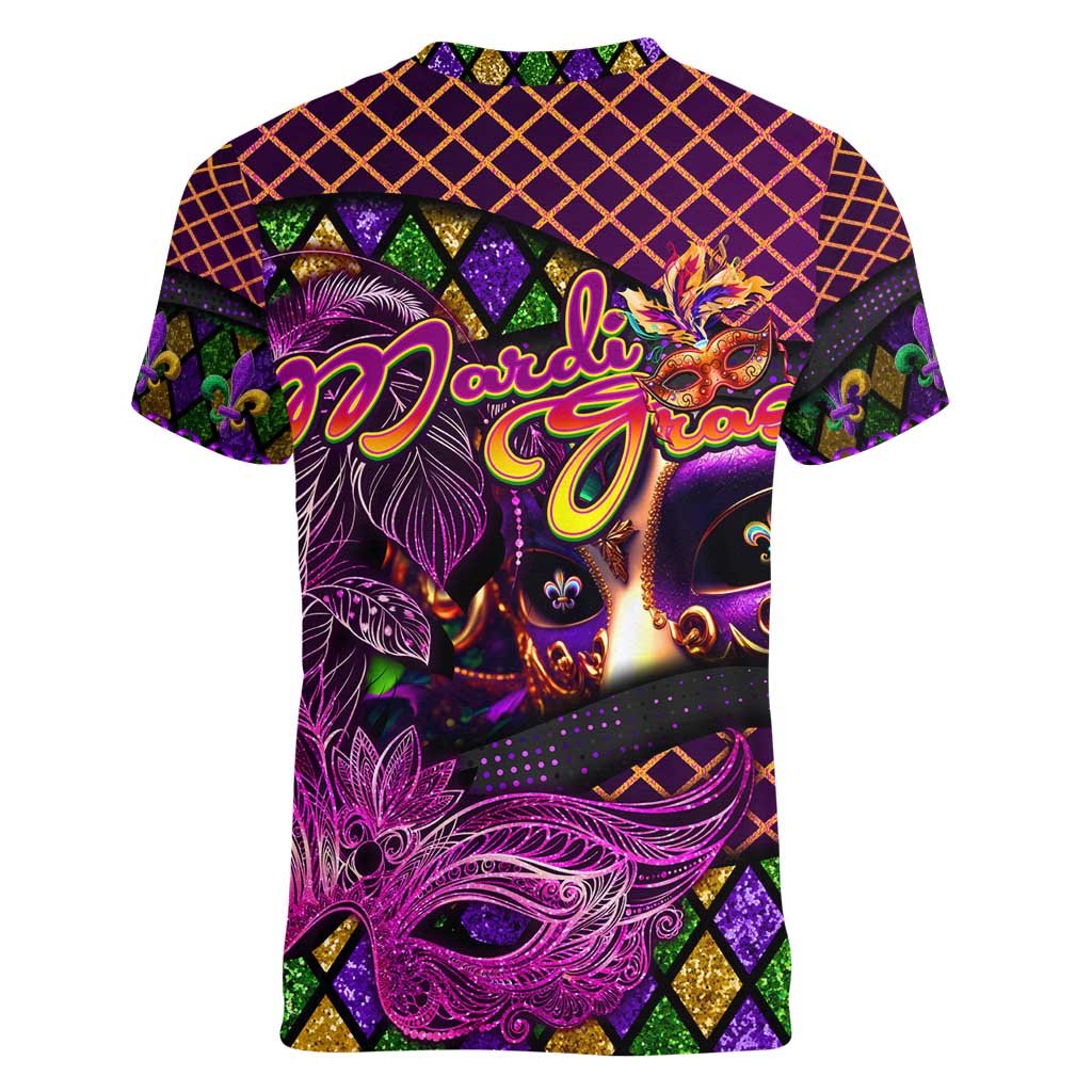 Happy Mardi Gras Women V-Neck T-Shirt Mask Feather Colorfull - Wonder Print Shop