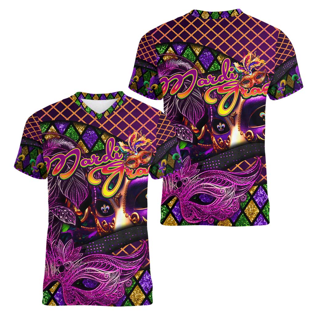 Happy Mardi Gras Women V-Neck T-Shirt Mask Feather Colorfull - Wonder Print Shop