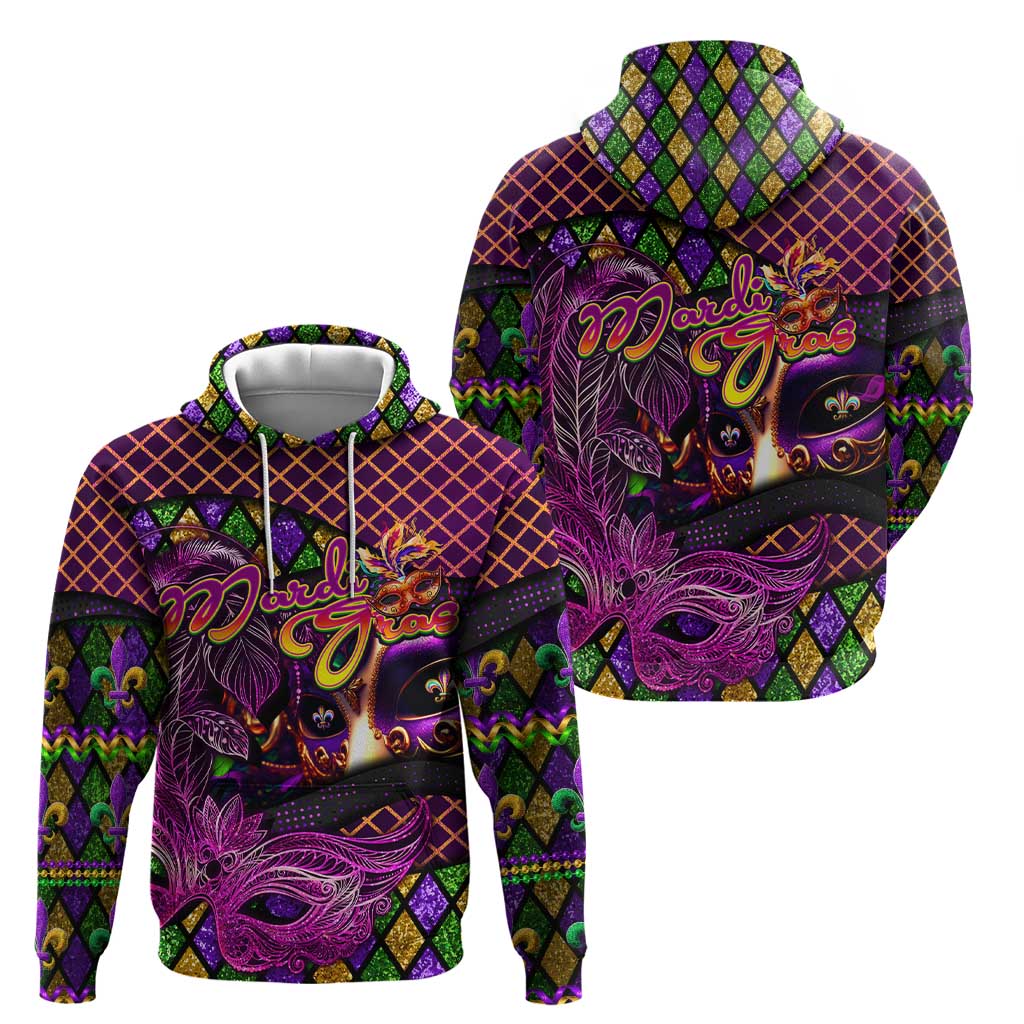 Happy Mardi Gras Zip Hoodie Mask Feather Colorfull - Wonder Print Shop