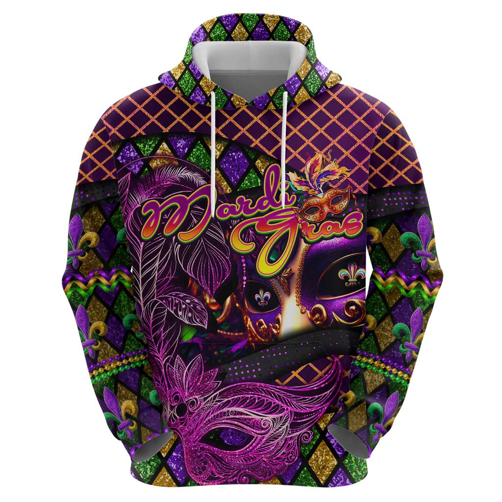 Happy Mardi Gras Zip Hoodie Mask Feather Colorfull - Wonder Print Shop