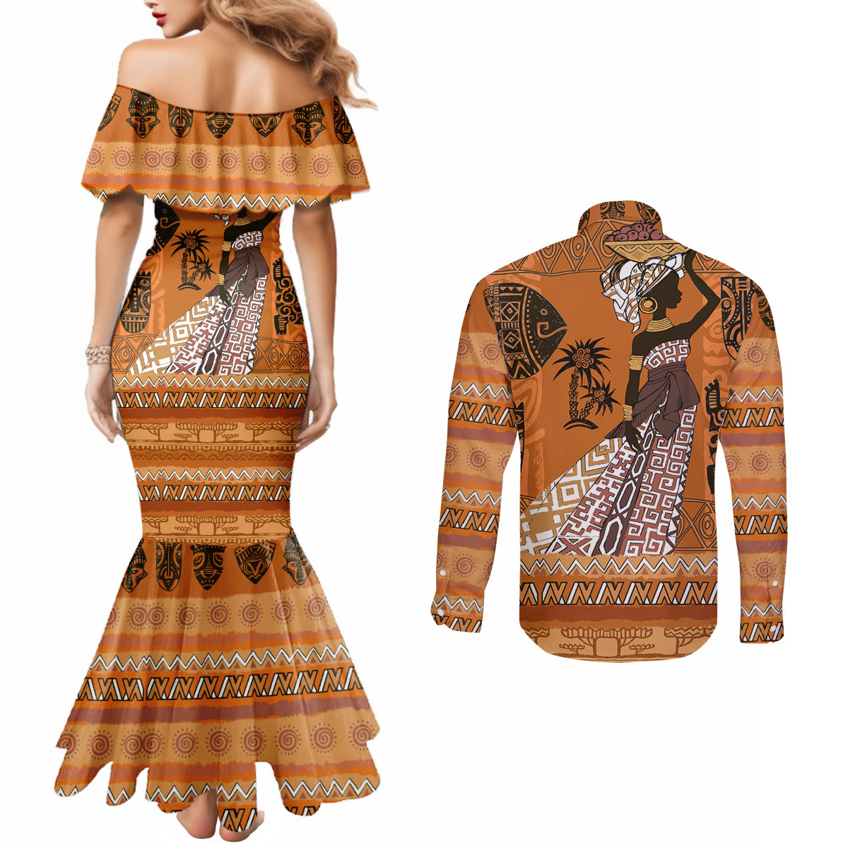 Personalized Beautiful Woman African Couples Matching Mermaid Dress and Long Sleeve Button Shirt