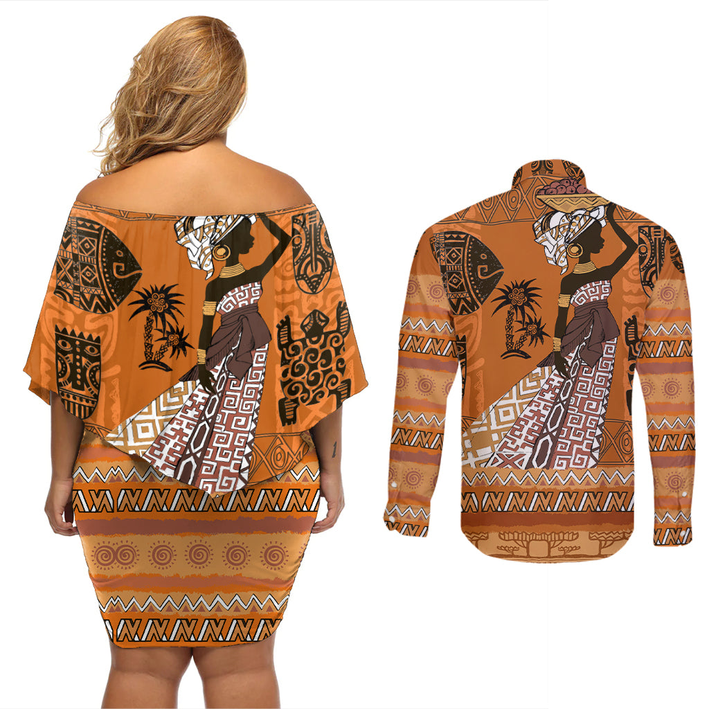 Personalized Beautiful Woman African Couples Matching Off Shoulder Short Dress and Long Sleeve Button Shirt - Wonder Print Shop