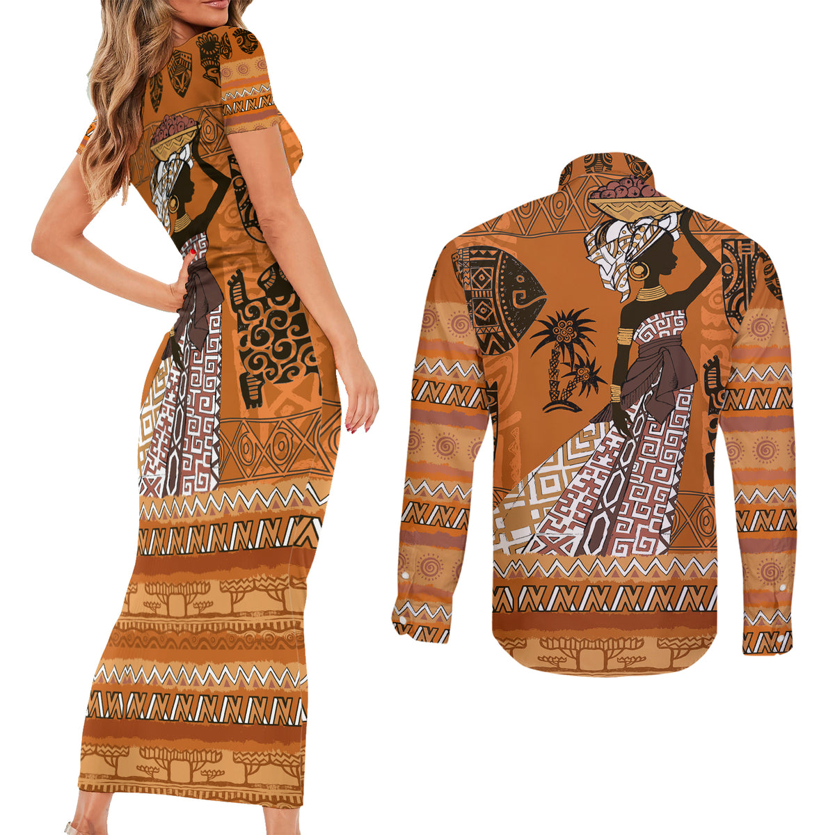 Personalized Beautiful Woman African Couples Matching Short Sleeve Bodycon Dress and Long Sleeve Button Shirt - Wonder Print Shop