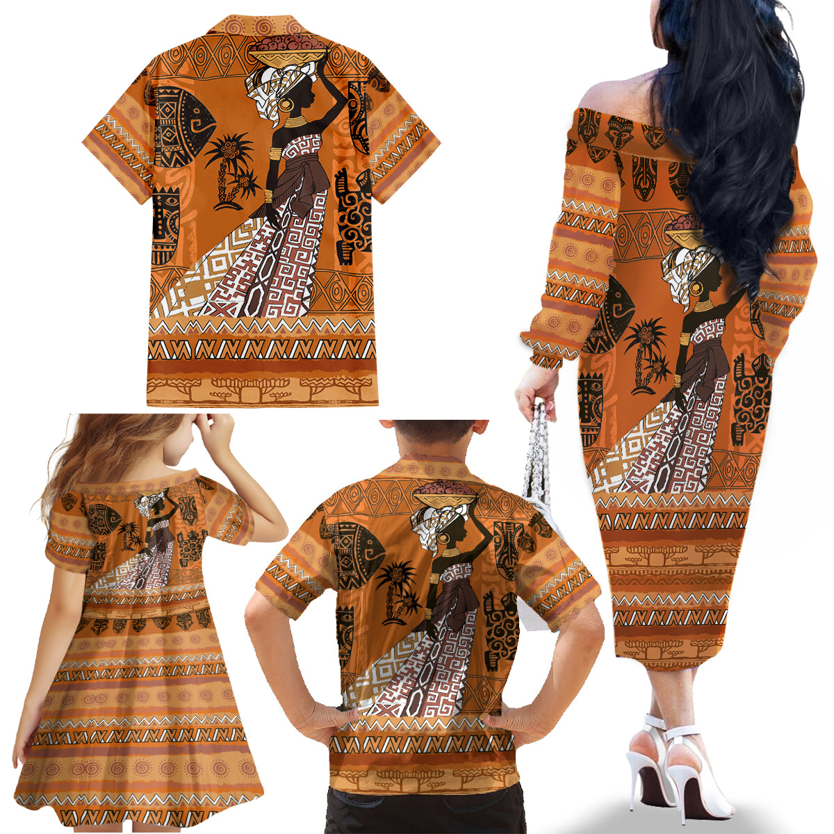 Personalized Beautiful Woman African Family Matching Off Shoulder Long Sleeve Dress and Hawaiian Shirt - Wonder Print Shop