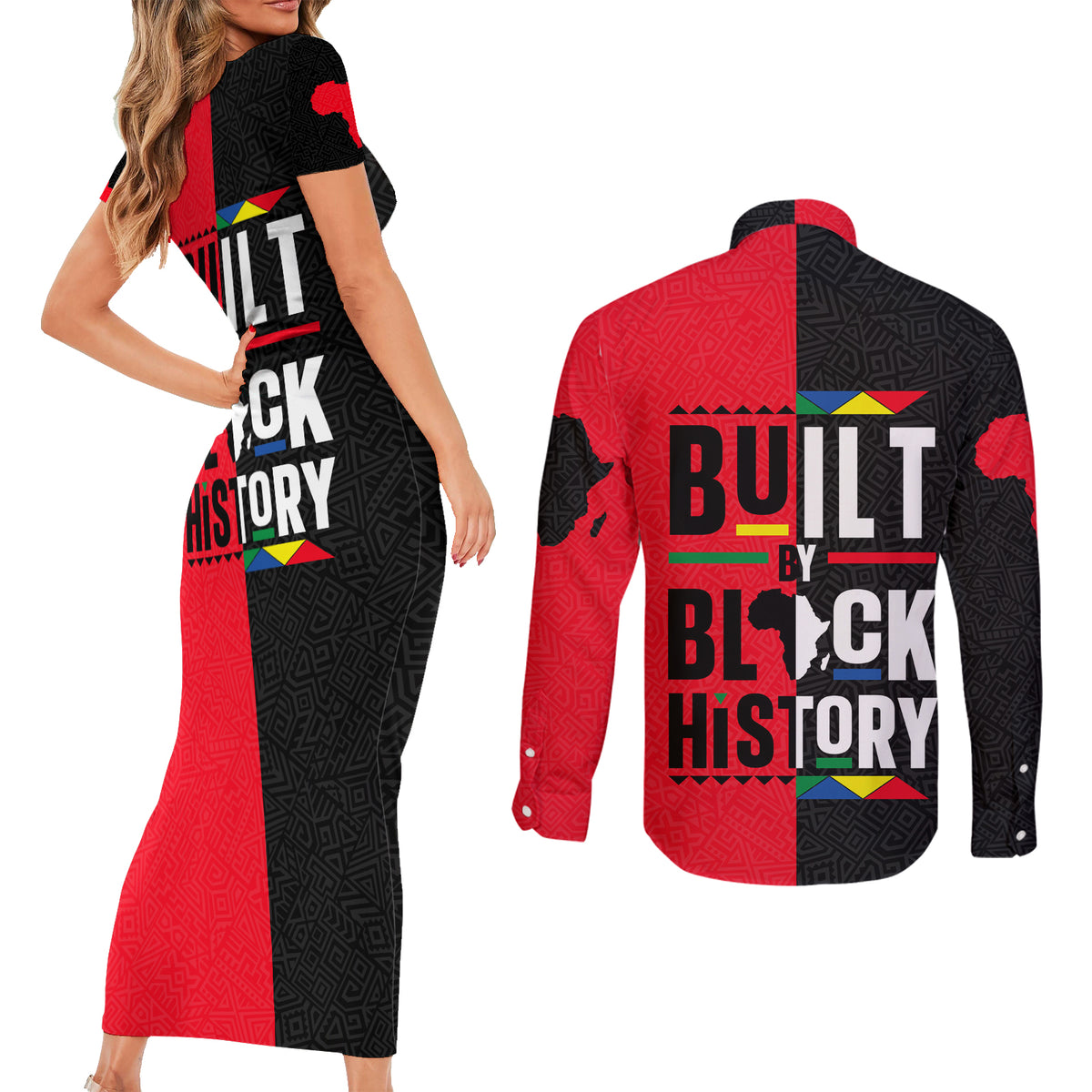 Built By Black History Couples Matching Short Sleeve Bodycon Dress and Long Sleeve Button Shirt - Wonder Print Shop