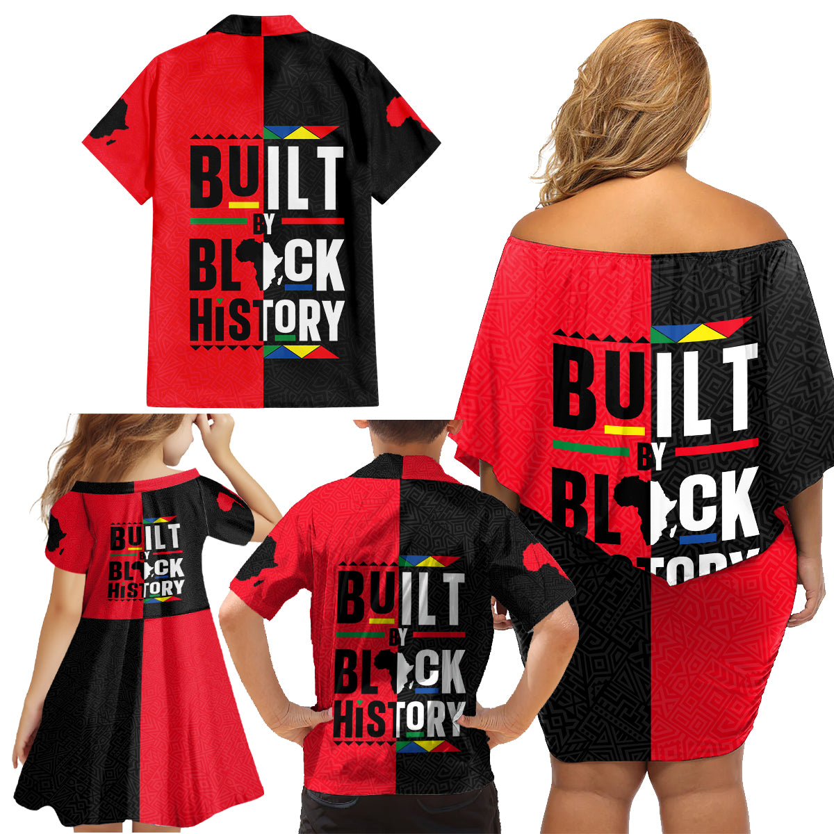 Built By Black History Family Matching Off Shoulder Short Dress and Hawaiian Shirt - Wonder Print Shop