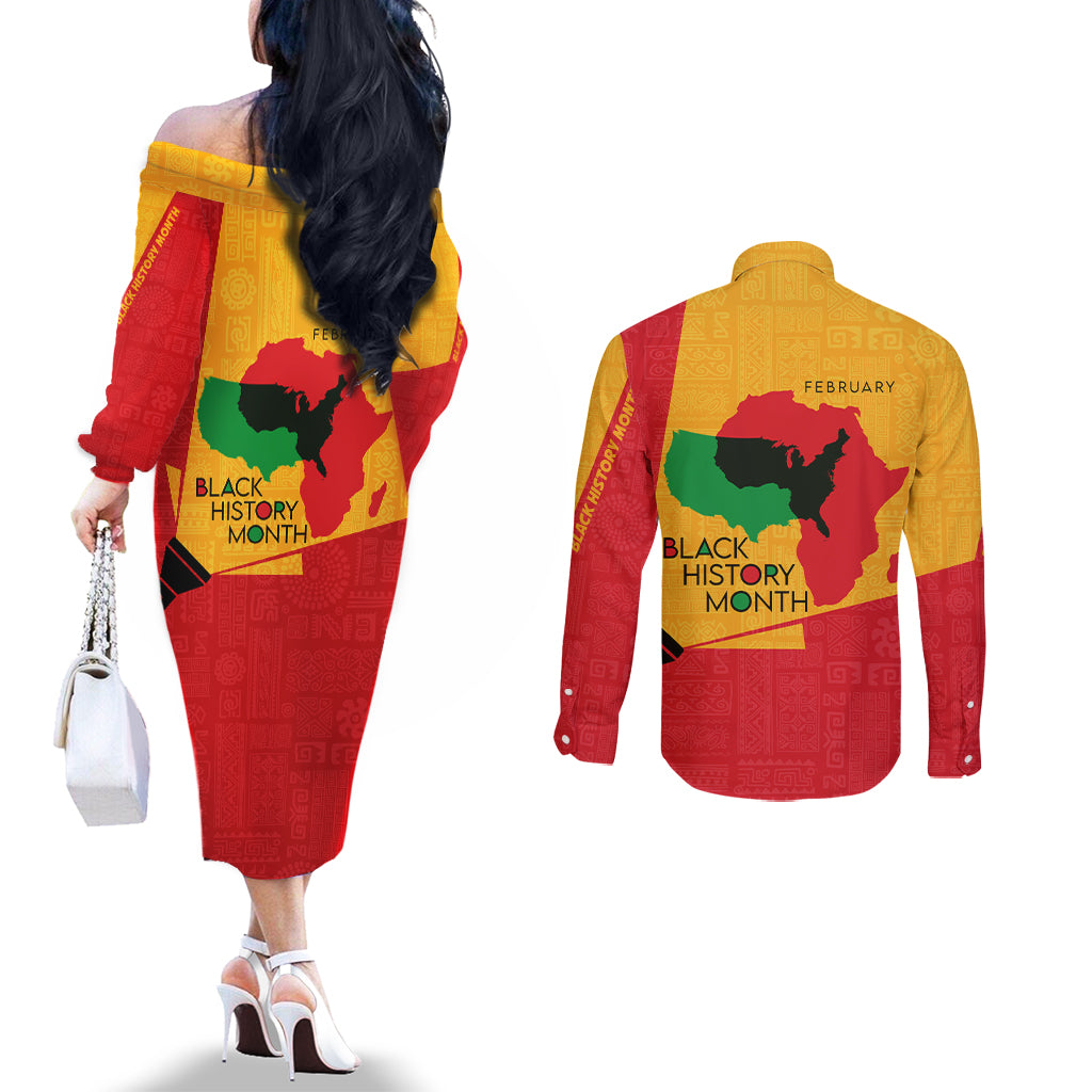 Black History Month Couples Matching Off The Shoulder Long Sleeve Dress and Long Sleeve Button Shirt African February