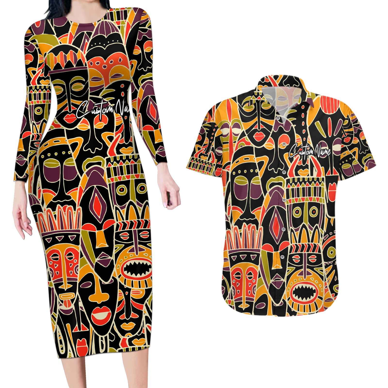 Personalized The Spirit Of Africa Couples Matching Long Sleeve Bodycon Dress and Hawaiian Shirt - Wonder Print Shop