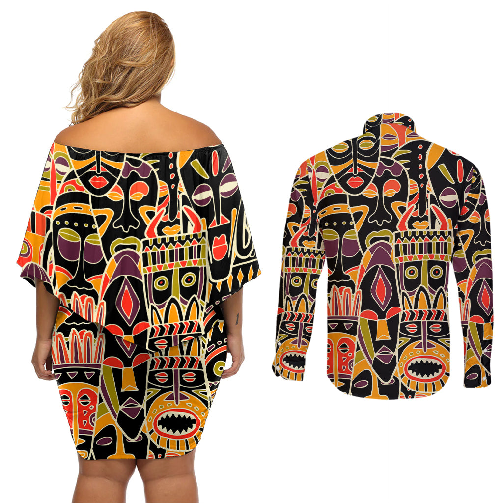 Personalized The Spirit Of Africa Couples Matching Off Shoulder Short Dress and Long Sleeve Button Shirt - Wonder Print Shop
