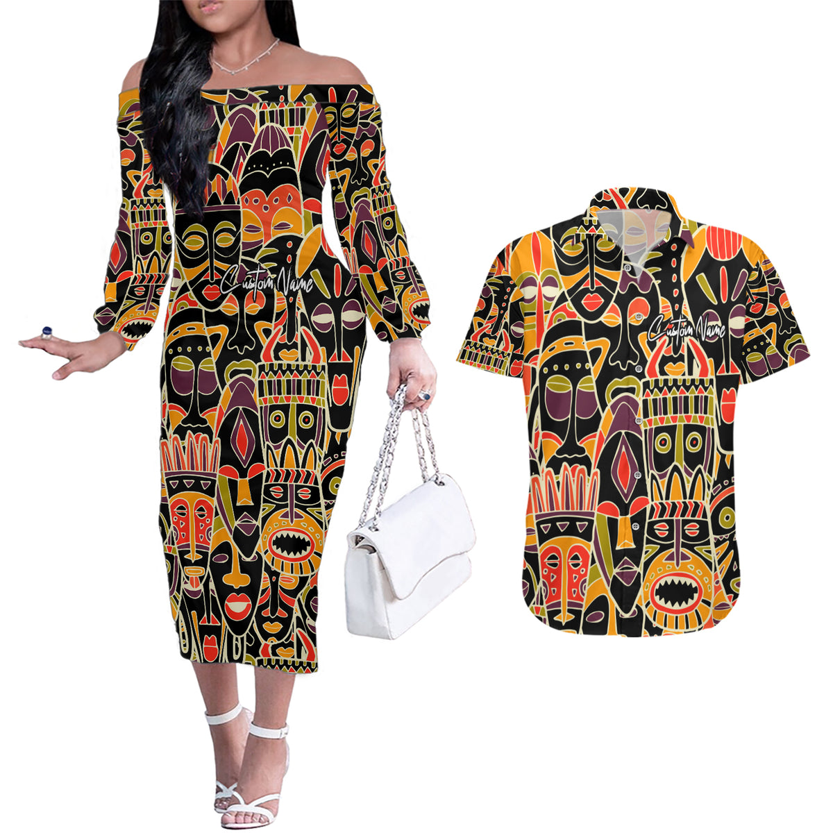 Personalized The Spirit Of Africa Couples Matching Off The Shoulder Long Sleeve Dress and Hawaiian Shirt - Wonder Print Shop