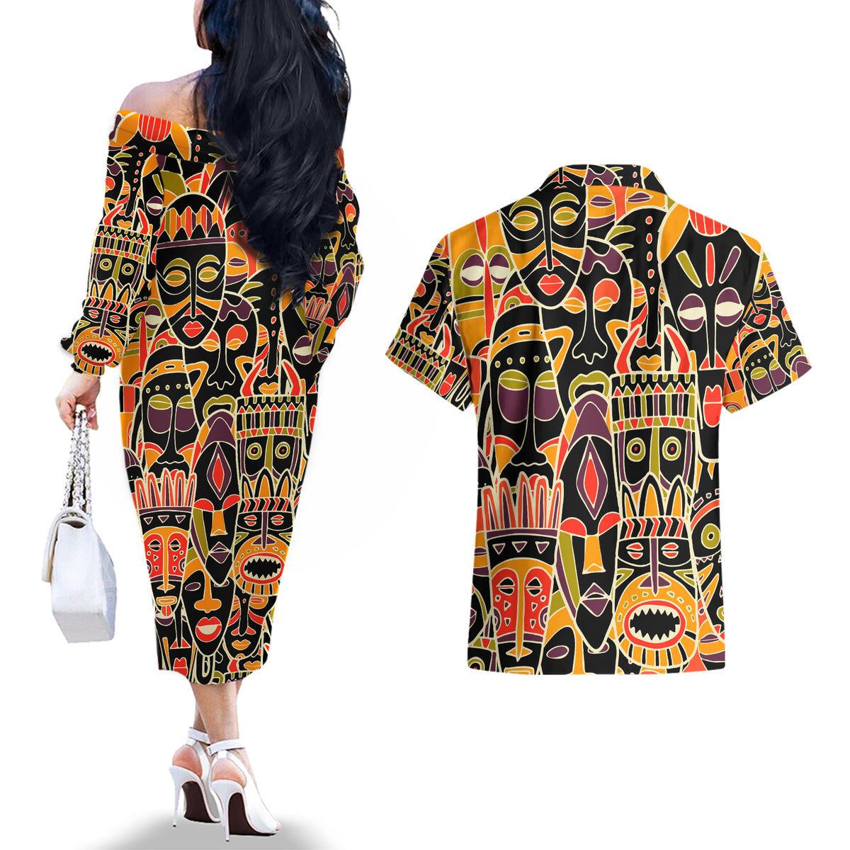Personalized The Spirit Of Africa Couples Matching Off The Shoulder Long Sleeve Dress and Hawaiian Shirt - Wonder Print Shop