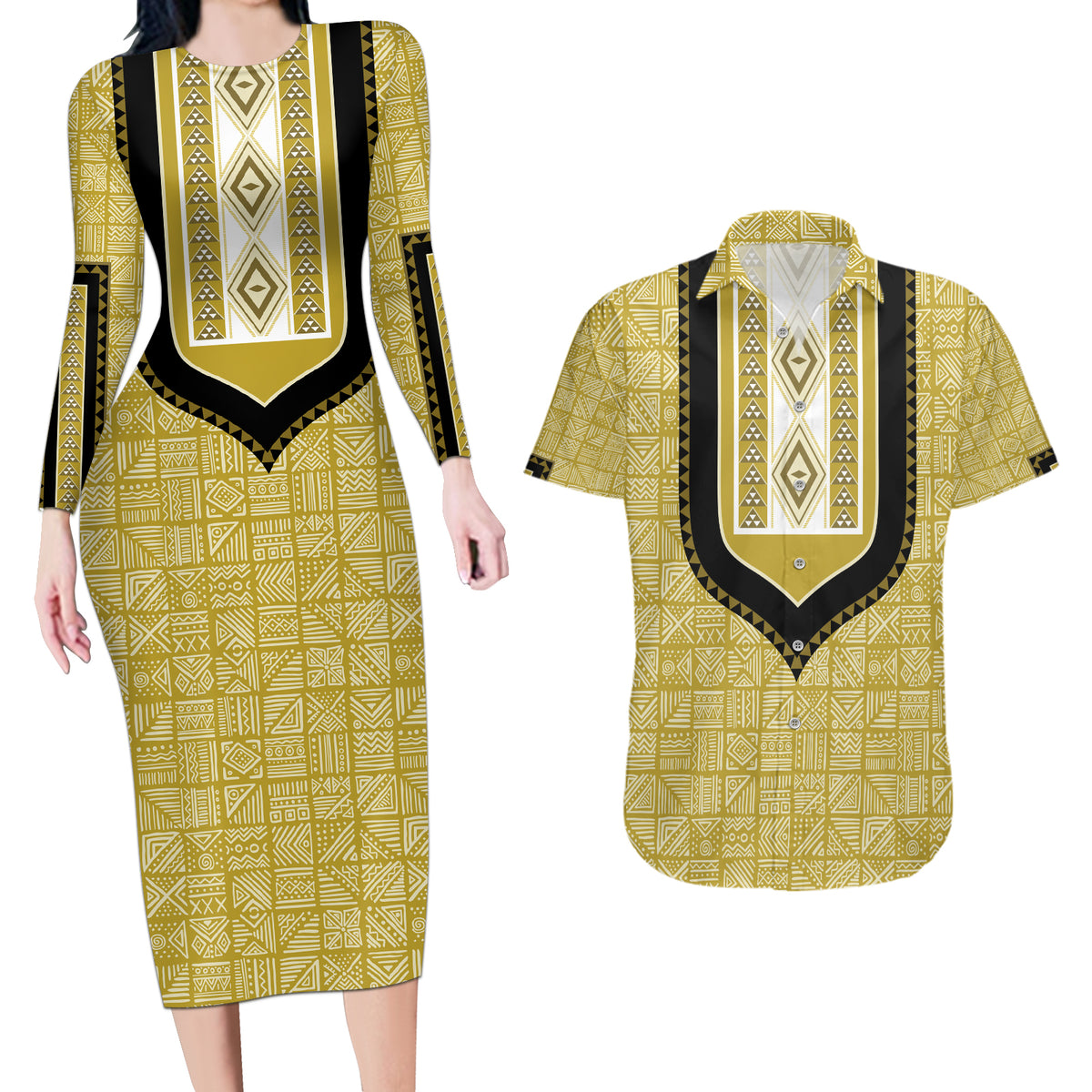 Personalized African Mudcloth Dashiki Couples Matching Long Sleeve Bodycon Dress and Hawaiian Shirt - Wonder Print Shop