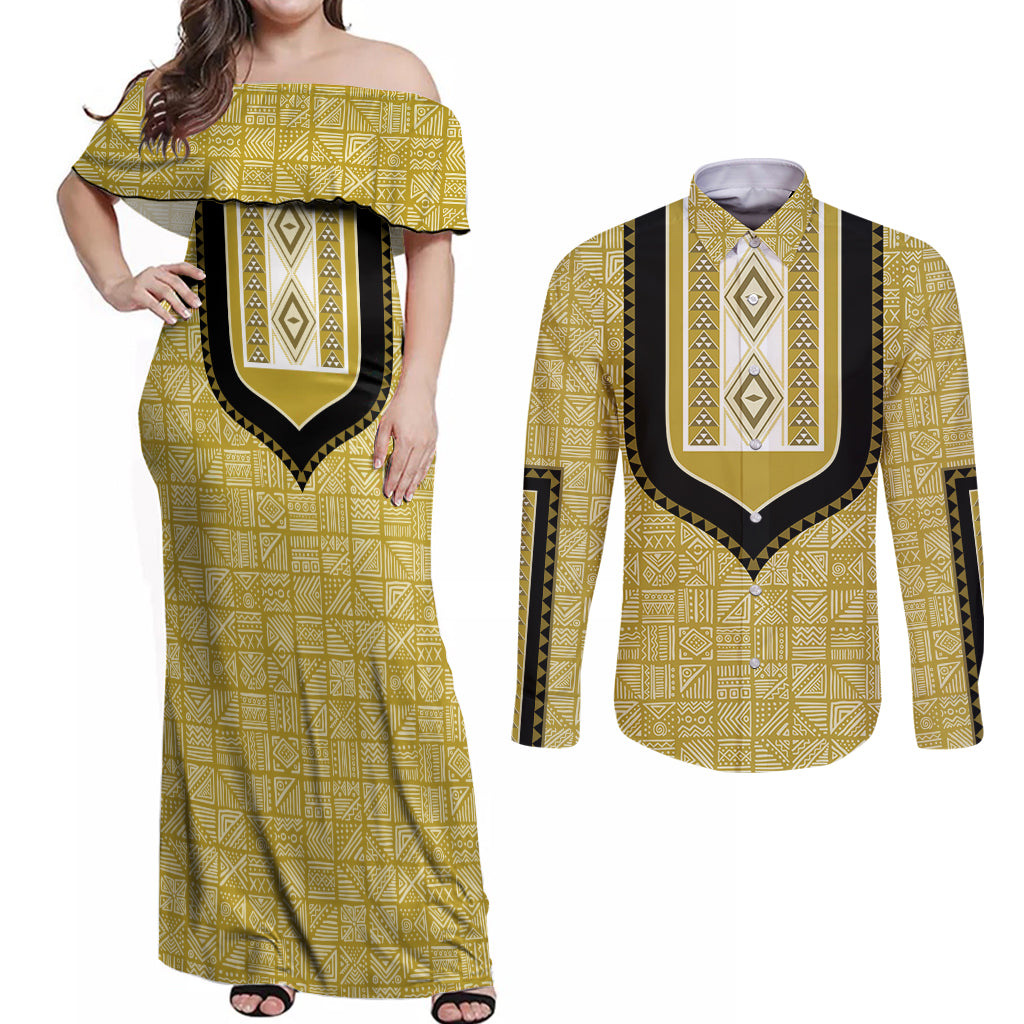 Personalized African Mudcloth Dashiki Couples Matching Off Shoulder Maxi Dress and Long Sleeve Button Shirt - Wonder Print Shop