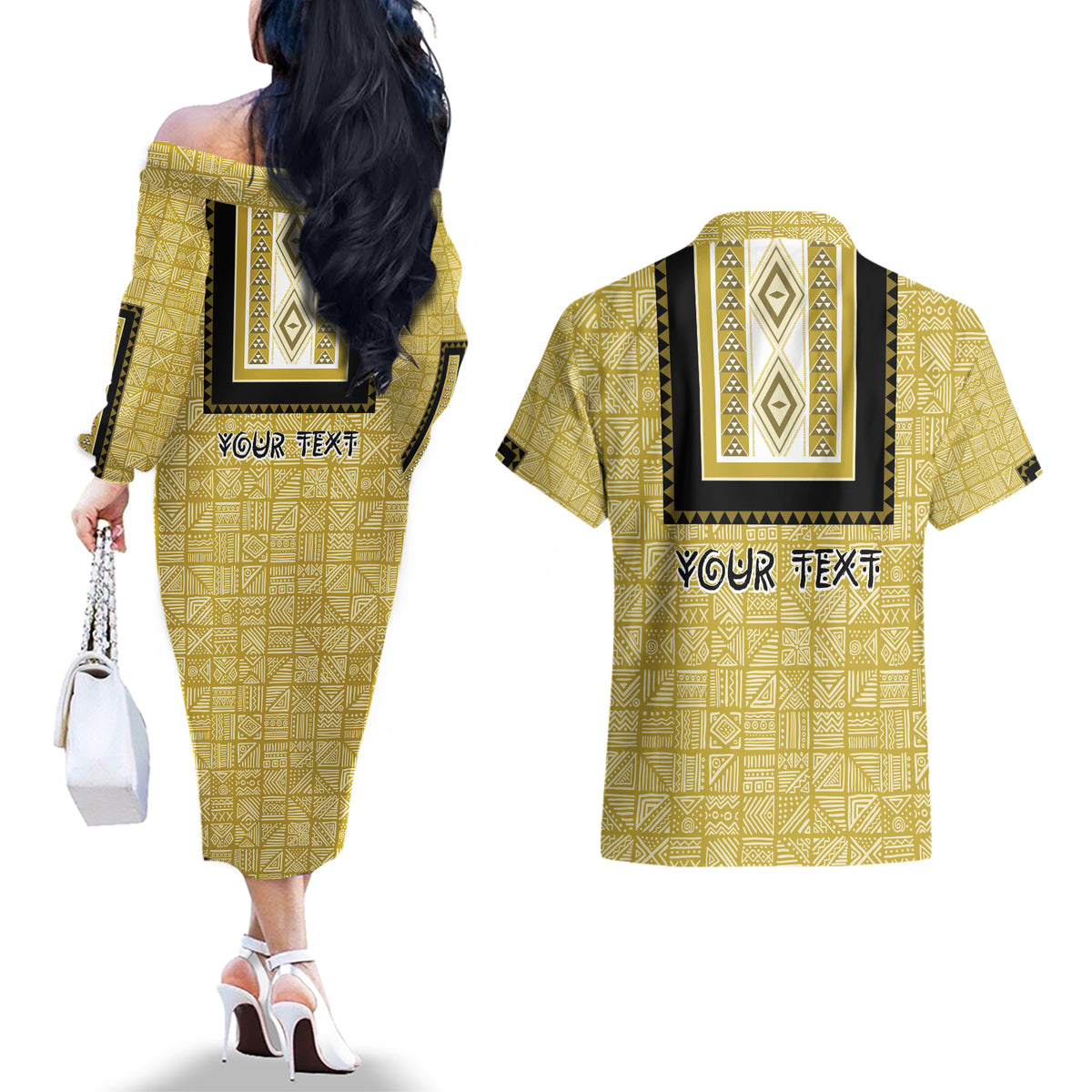 Personalized African Mudcloth Dashiki Couples Matching Off The Shoulder Long Sleeve Dress and Hawaiian Shirt - Wonder Print Shop