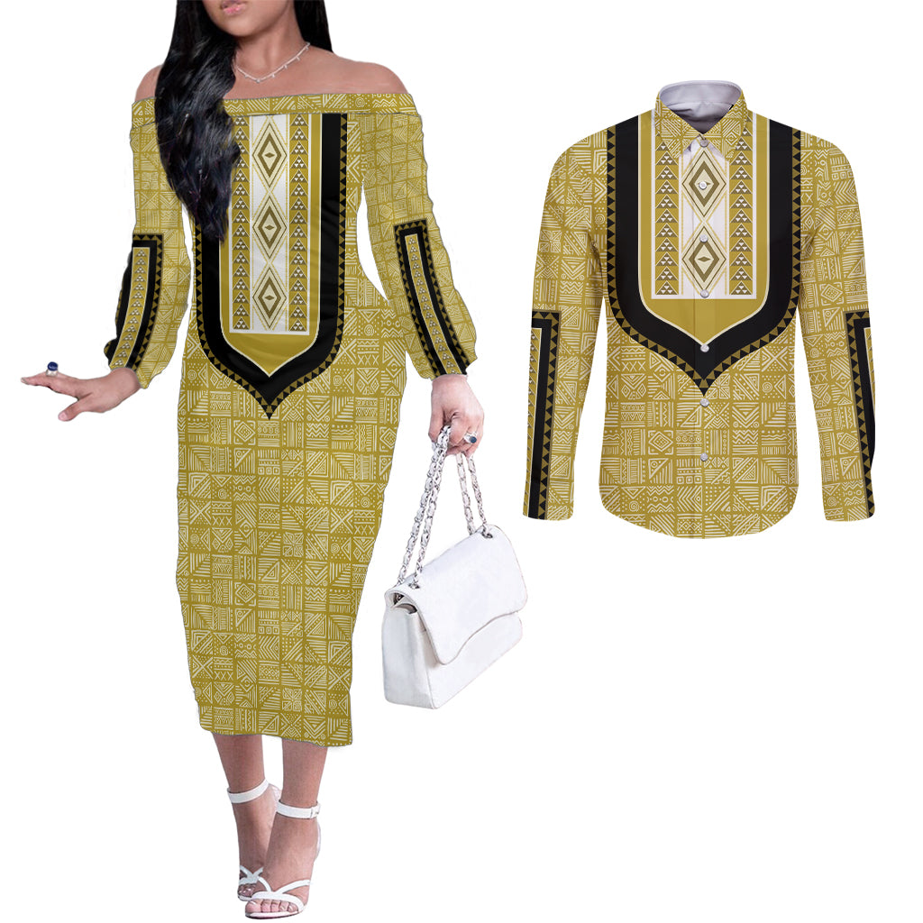 Personalized African Mudcloth Dashiki Couples Matching Off The Shoulder Long Sleeve Dress and Long Sleeve Button Shirt