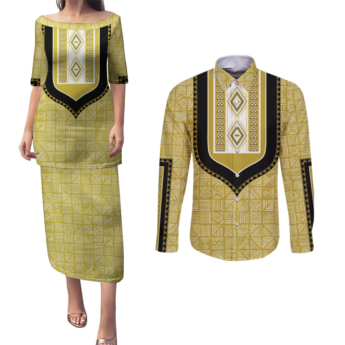 Personalized African Mudcloth Dashiki Couples Matching Puletasi and Long Sleeve Button Shirt - Wonder Print Shop