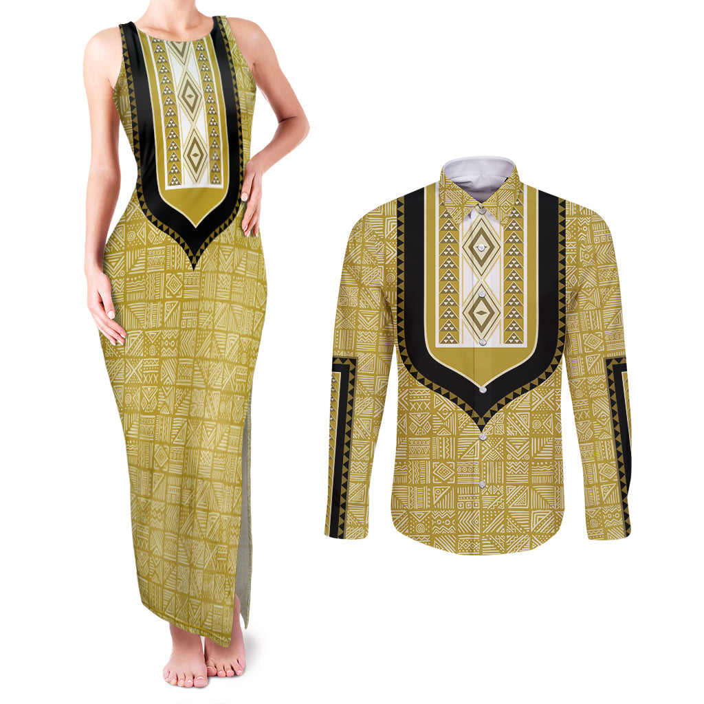 Personalized African Mudcloth Dashiki Couples Matching Tank Maxi Dress and Long Sleeve Button Shirt - Wonder Print Shop
