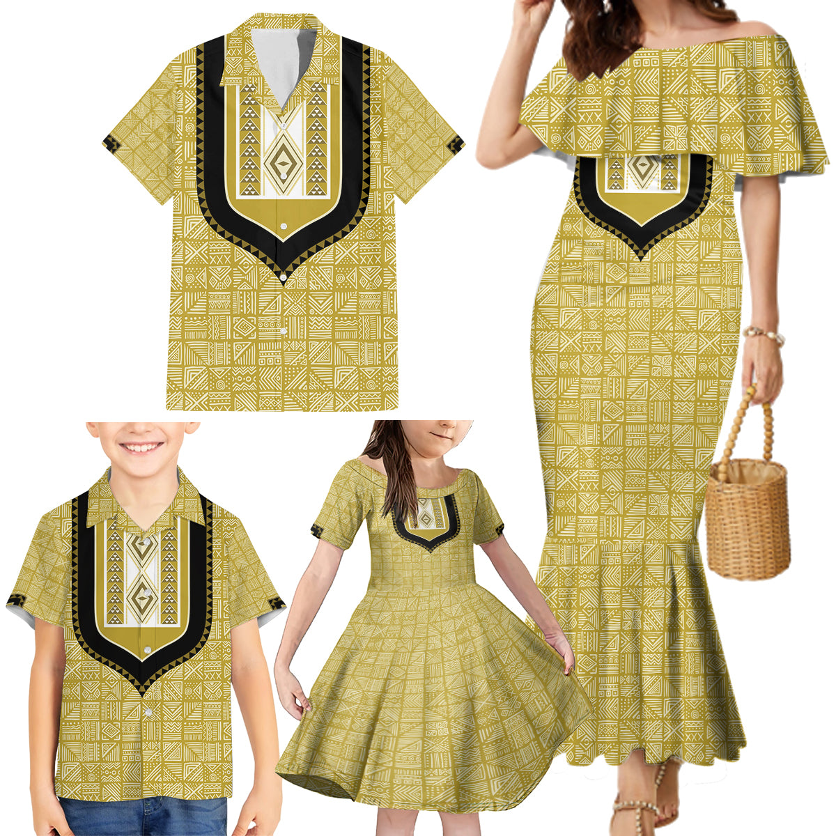 Personalized African Mudcloth Dashiki Family Matching Mermaid Dress and Hawaiian Shirt - Wonder Print Shop