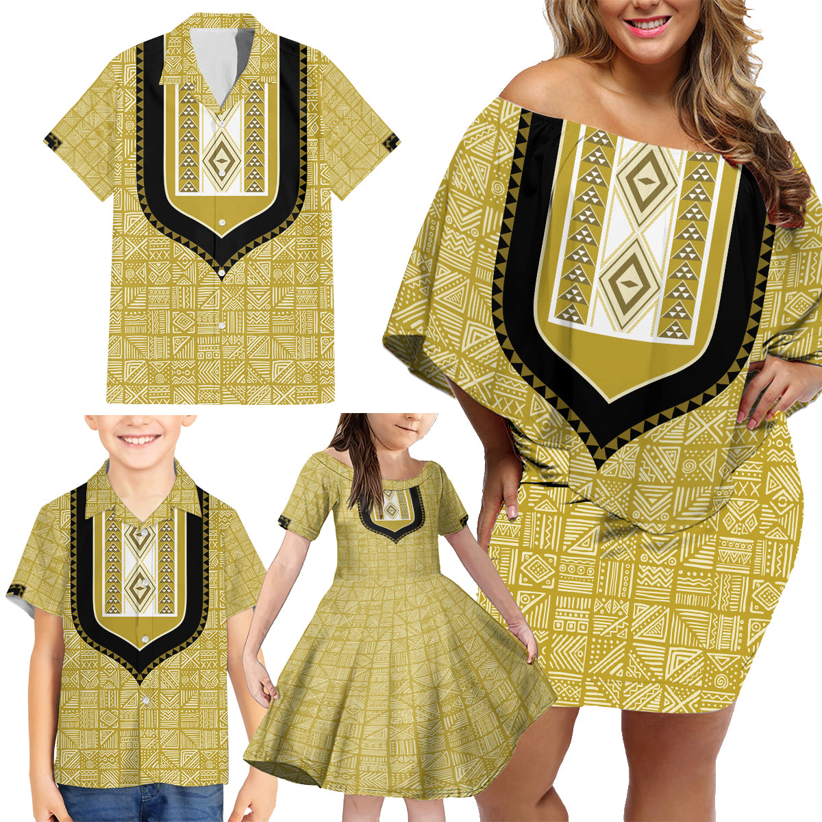Personalized African Mudcloth Dashiki Family Matching Off Shoulder Short Dress and Hawaiian Shirt - Wonder Print Shop